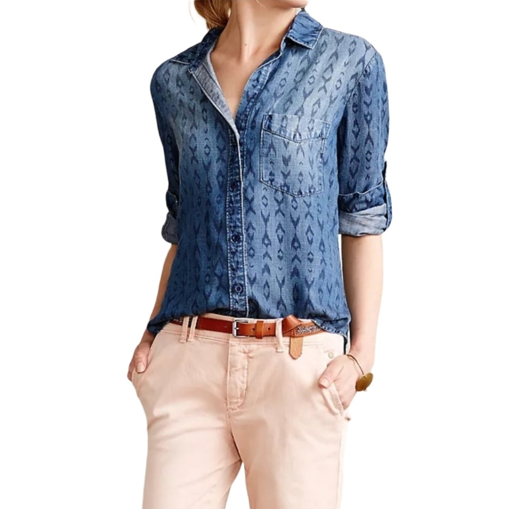 Cloth & Stone Feldspar Chambray Denim Arrow Print Button Up Shirt Size XS